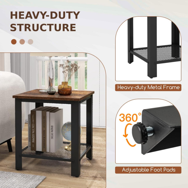 2-Tier Industrial Side Table, Metal Frame End Table with Mesh Shelf, Square - Image 2