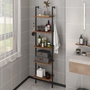 5 Tiers Bookshelf Wall Mounted Industrial Ladder Shelf Bookcase with Wood and Metal Frame Open Display Shelves