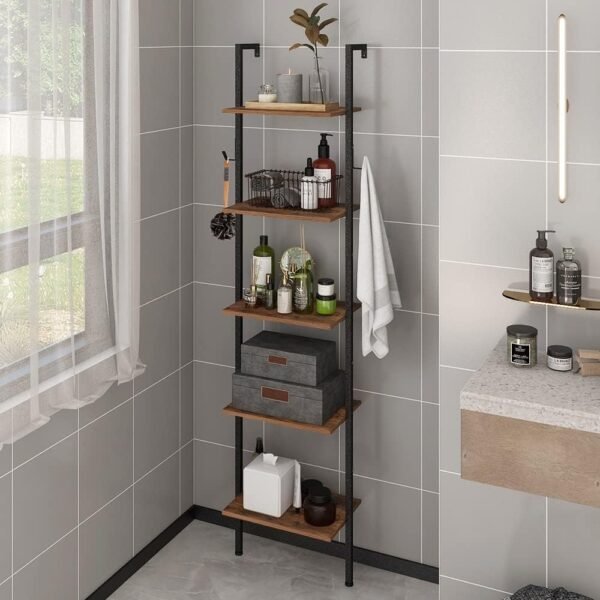 5 Tiers Bookshelf Wall Mounted Industrial Ladder Shelf Bookcase with Wood and Metal Frame Open Display Shelves
