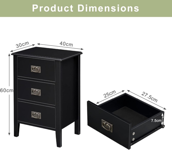 Bedside Table Set of 2, Modern Nightstands End/Side Cabinet Wooden with 3 Drawers - Image 5