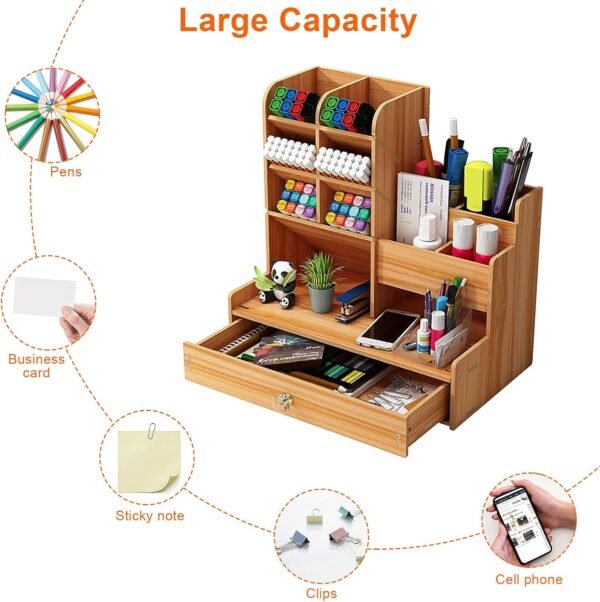 Wooden Desk Organiser DIY Desktop Tidy Pen Holder Large Capacity Stationery Storage Box - Image 5