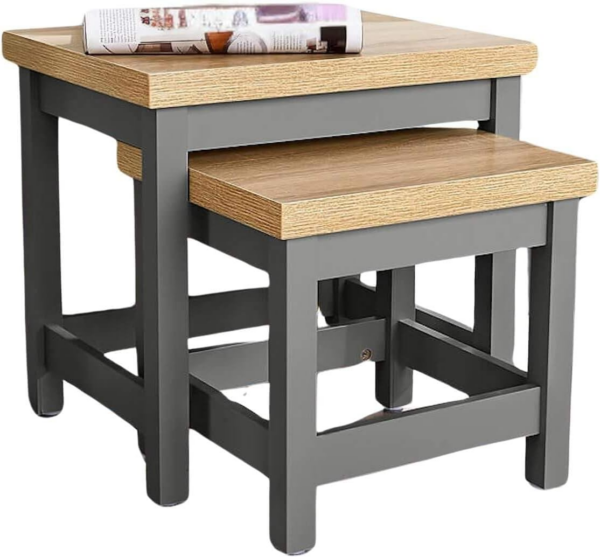 Source Nest of 2 Occasional Side End Tables, Stackable, Oak Effect, Dark Grey