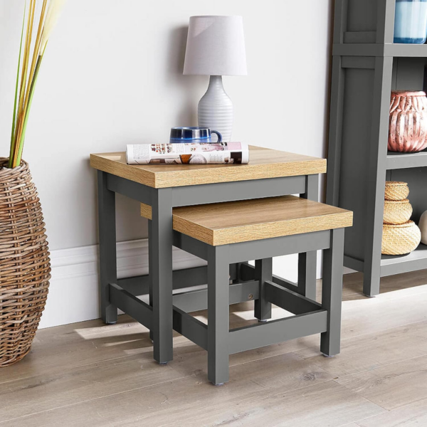 Source Nest of 2 Occasional Side End Tables, Stackable, Oak Effect, Dark Grey - Image 5