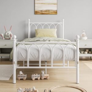 Single Metal Bed Frame 90 x x190 cm with Headboard and Footboard Heavy Duty Foundation,Metal Slat Support, White