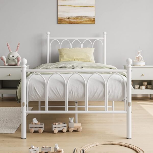 Single Metal Bed Frame 90 x x190 cm with Headboard and Footboard Heavy Duty Foundation,Metal Slat Support, White