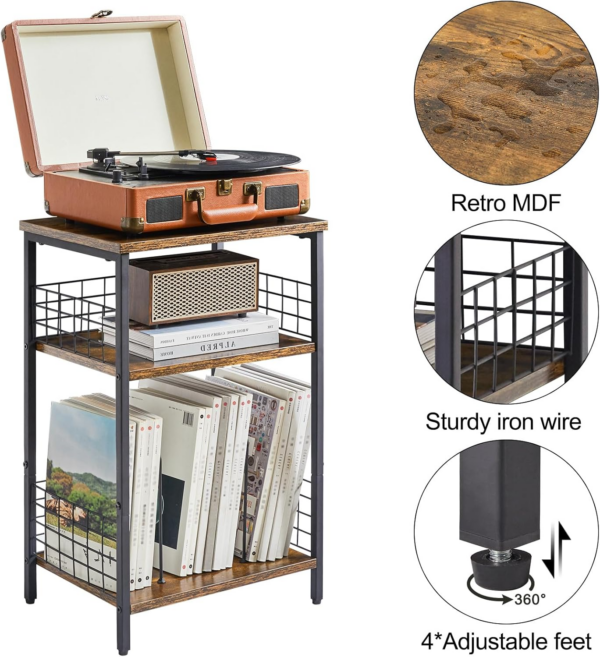 3 Tier End Table, Record Player Stand with Storage, Industrial Tall Side Table - Image 4