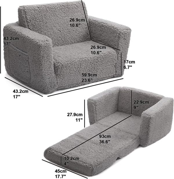 Sofa Bed 2-in-1 Flip Out Cuddly Sherpa Toddler Couch Convertible Sofa to Lounger Children Sofa Bed Children's Day - Image 4
