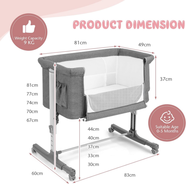 3-in-1 Baby Beside Crib, Height & Angle Adjustable Side Bassinet with Lockable Wheels and Carry Bag - Image 3