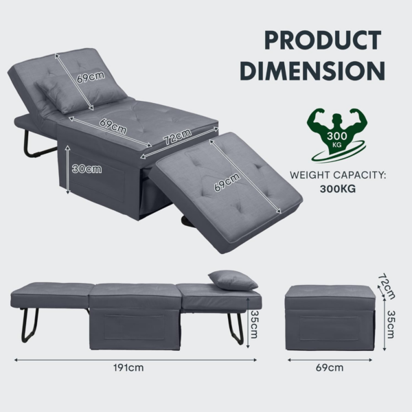 Sofa Bed, 4-in-1 Folding Bed, Convertible Sofa Bed, Single Sofa Chair Sleeper Folding Ottoman with 6 Position Adjustable - Image 5