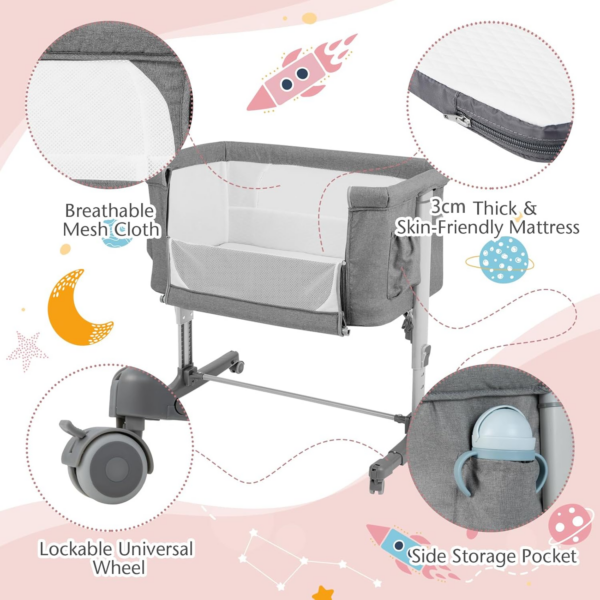 3-in-1 Baby Beside Crib, Height & Angle Adjustable Side Bassinet with Lockable Wheels and Carry Bag - Image 2