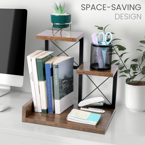 3-Tier Desk Hutch - Wooden Desktop Bookshelf/Desktop Organiser Featuring 3 Desk Shelves - Image 2