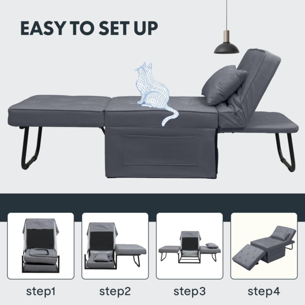Sofa Bed, 4-in-1 Folding Bed, Convertible Sofa Bed, Single Sofa Chair Sleeper Folding Ottoman with 6 Position Adjustable - Image 4