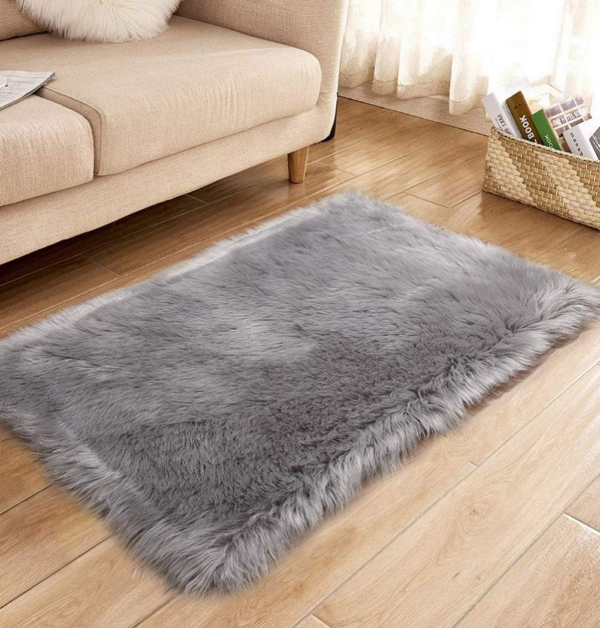 Small Rug,Grey Faux Fur Rug,Soft Sheepskin Rug,Fluffy Rugs for Bedroom,Non Slip Rug,Washable Rugs Living Room,High Pile Rugs for Kids Room,Lounge,Office(Grey,40x60cm)