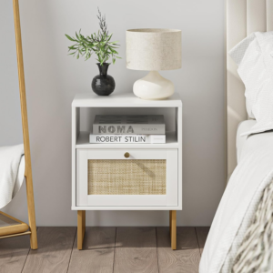 Rattan Bedside Table,Modern Boho Farmhouse Wood Nightstand with Storage Drawer and Open Shelf