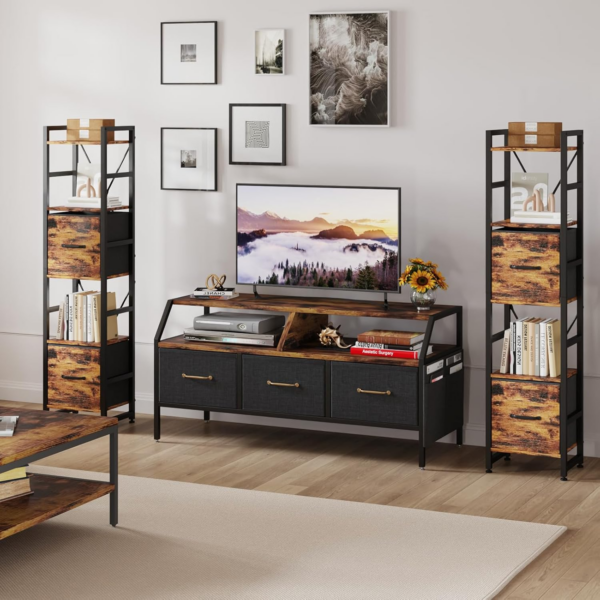 5 Tier Bookcase,Tall Narrow Bookshelf with 2PCS Fabric Drawers, Industrial Display Standing Shelf Units with 2 X-shape Frame - Image 6