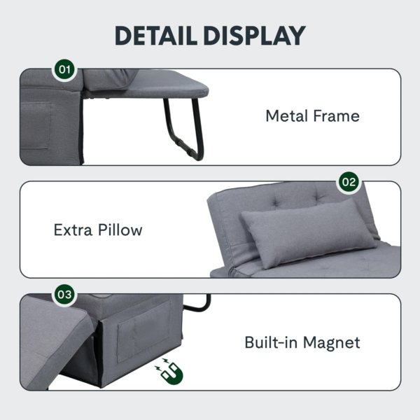 Sofa Bed, 4-in-1 Folding Bed, Convertible Sofa Bed, Single Sofa Chair Sleeper Folding Ottoman with 6 Position Adjustable - Image 2