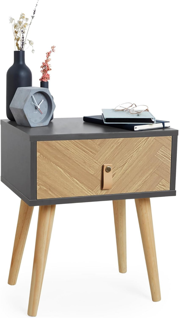 Bedside Table – Grey & Wood Effect Nightstand for Bedroom - Scandi Style Bedside Cabinet