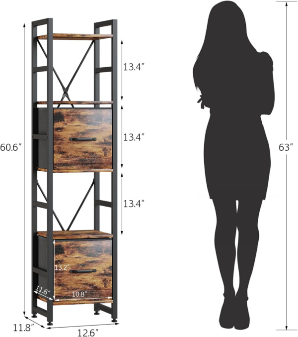 5 Tier Bookcase,Tall Narrow Bookshelf with 2PCS Fabric Drawers, Industrial Display Standing Shelf Units with 2 X-shape Frame - Image 5