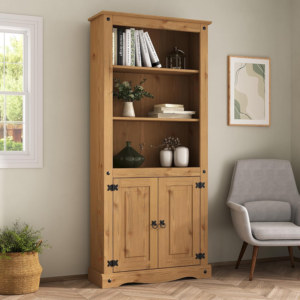 2 Door Bookcase Display Cabinet 3 Tier Solid Mexican Pine