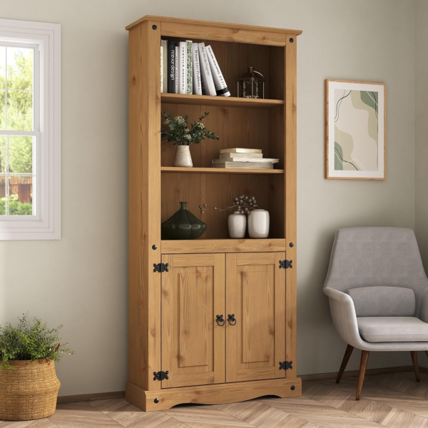2 Door Bookcase Display Cabinet 3 Tier Solid Mexican Pine