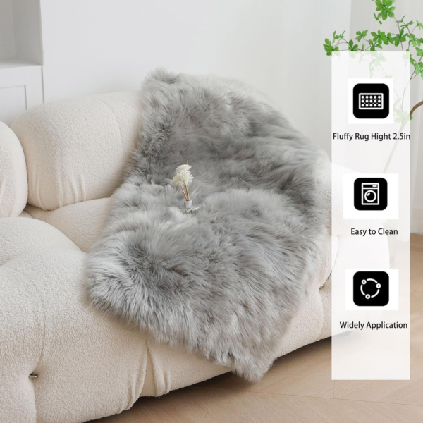 Small Rug,Grey Faux Fur Rug,Soft Sheepskin Rug,Fluffy Rugs for Bedroom,Non Slip Rug,Washable Rugs Living Room,High Pile Rugs for Kids Room,Lounge,Office(Grey,40x60cm) - Image 2