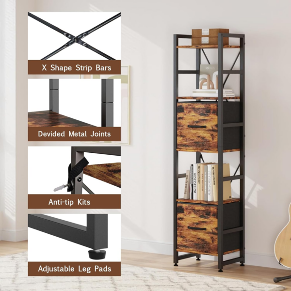 5 Tier Bookcase,Tall Narrow Bookshelf with 2PCS Fabric Drawers, Industrial Display Standing Shelf Units with 2 X-shape Frame - Image 4