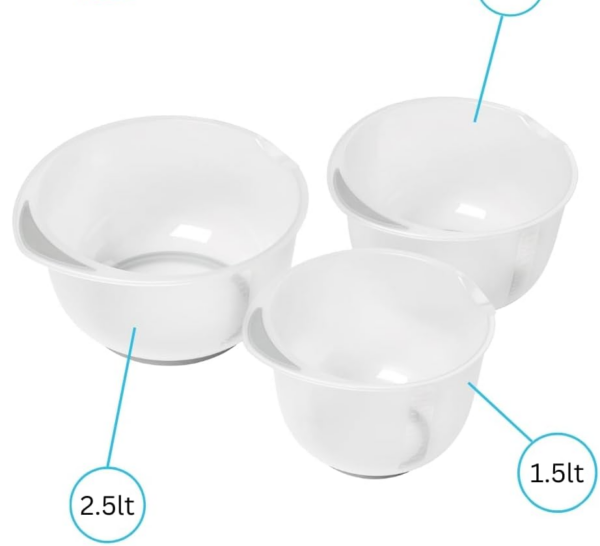 3 Mixing Bowls, Non-Slip Base, Soft Grip Handle, Microwave and Dishwasher Safe - Image 2