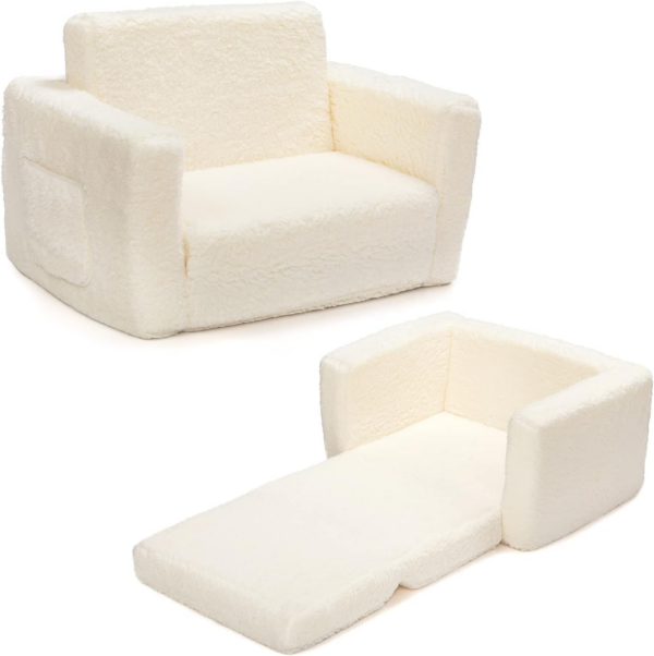 Kids Sofa Bed 2-in-1 Flip Out Cuddly Sherpa Toddler Couch Convertible Sofa to Lounger Children Sofa Bed Children's Day and Birthday Gift for Girls Boys, White - Image 6