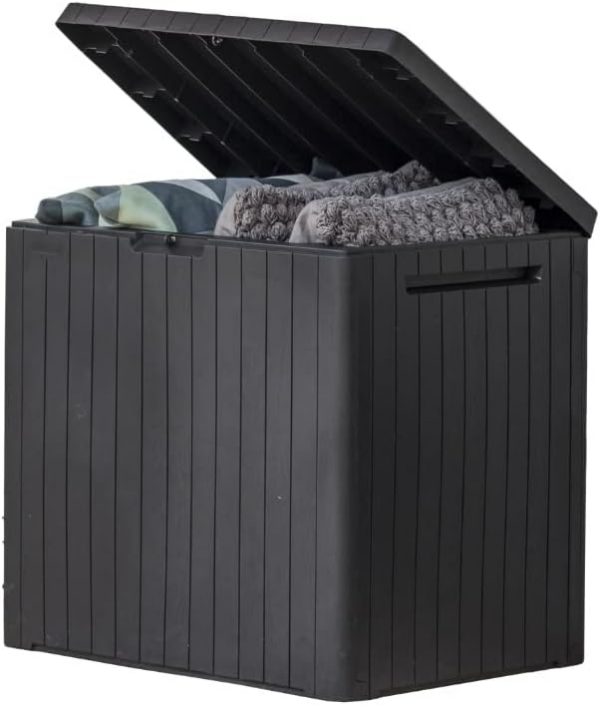 30 Gallon Resin Outdoor Storage Box and Patio Furniture Side Table for Pool and Garden Accessories, Dark Grey