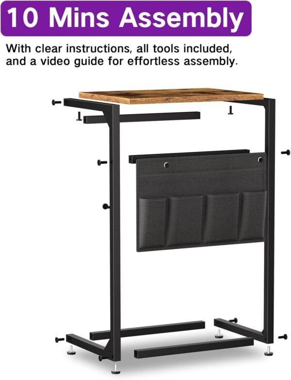 C Shaped Side Table 69cm High with Storage Bag, Narrow Sofa End Snack Table for Small Space, Slide Under Couch Table - Image 2