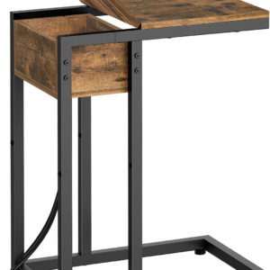 C Shaped Side Table, Sofa Side Table with Charging Station, Narrow Bedside Table with Lift-Up Lid, 1 Outlet and 2 USB Ports, Small End Table for Living Room, Bedroom, Rustic Brown