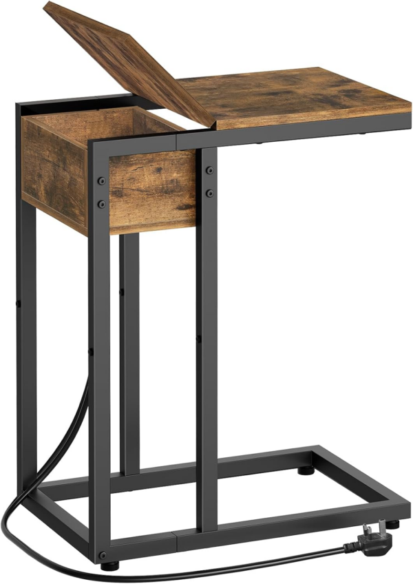 C Shaped Side Table, Sofa Side Table with Charging Station, Narrow Bedside Table with Lift-Up Lid, 1 Outlet and 2 USB Ports, Small End Table for Living Room, Bedroom, Rustic Brown