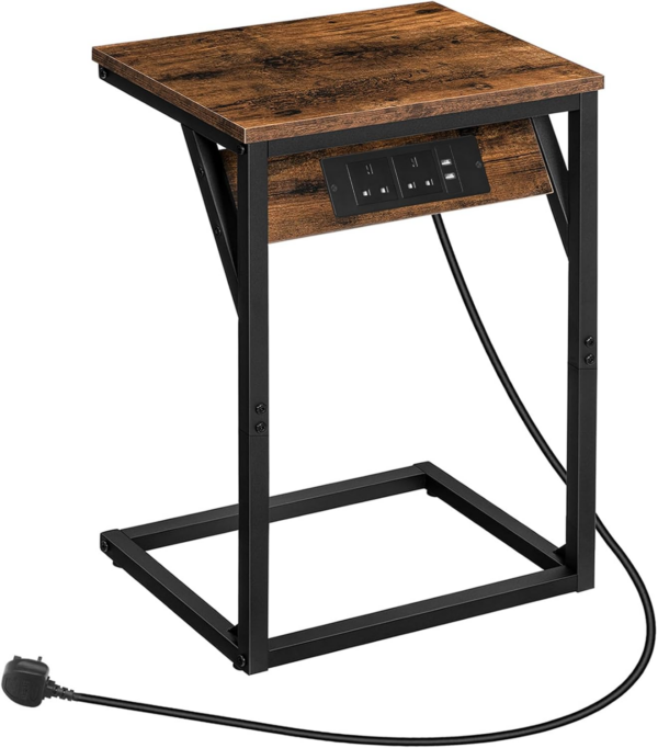 C Shaped Side Table, Sofa Side Table with Charging Station, 2 Plug Sockets and 2 USB Ports, Narrow Bedside Table - Image 7
