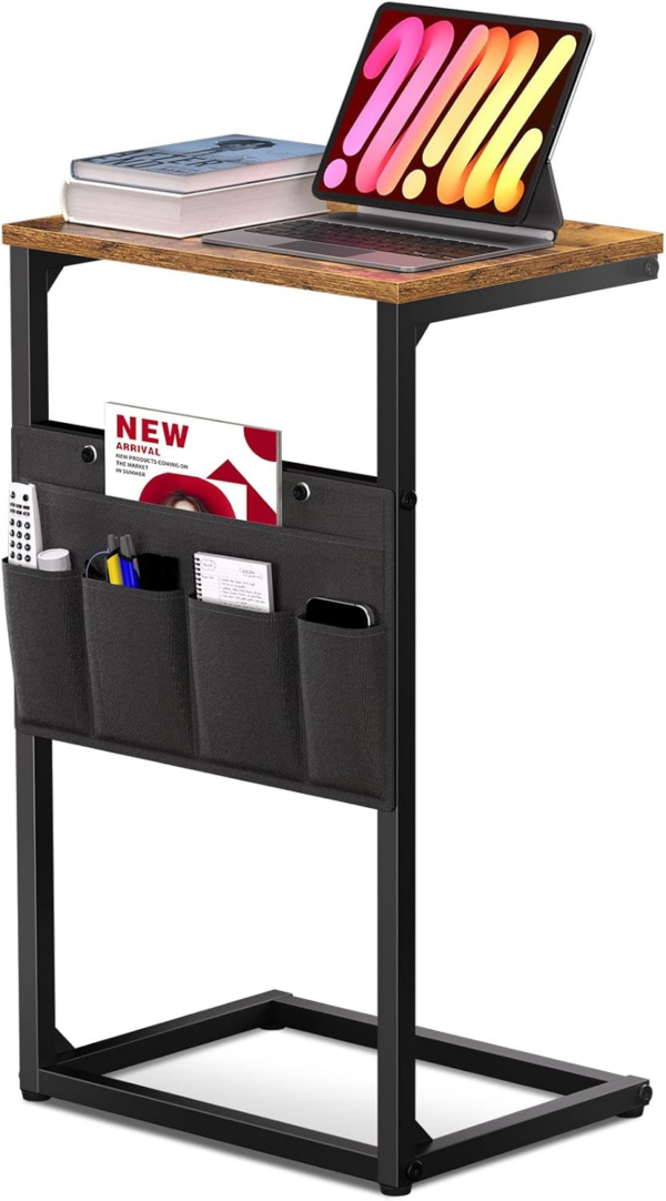 C Shaped Side Table 69cm High with Storage Bag, Narrow Sofa End Snack Table for Small Space, Slide Under Couch Table