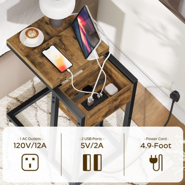 C Shaped Side Table, Sofa Side Table with Charging Station, Narrow Bedside Table with Lift-Up Lid, 1 Outlet and 2 USB Ports, Small End Table for Living Room, Bedroom, Rustic Brown - Image 2