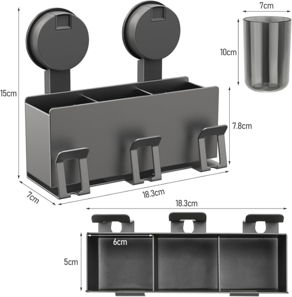 Toothbrush Holder Wall Mounted [Removable Suction Cup No Drill], Aluminium Alloy, 3 Compartments, 3 Toothbrush Slots & 3 Toothbrush Cups Holder for Toothbrush - Image 3