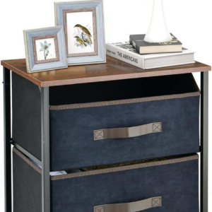 Bedside Table, Industrial Storage Nightstand with 2 Folding Fabric Drawers, Metal Frame End Tables for Bedroom Living Room Office