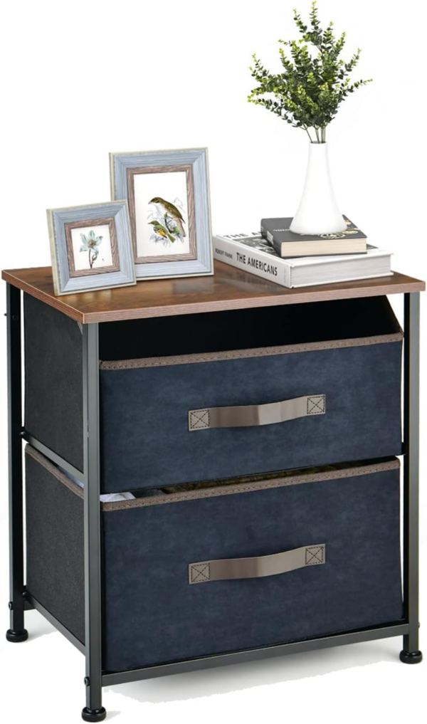 Bedside Table, Industrial Storage Nightstand with 2 Folding Fabric Drawers, Metal Frame End Tables for Bedroom Living Room Office