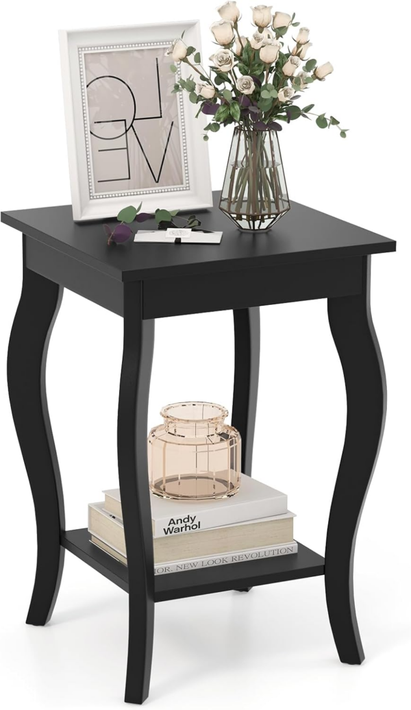 2-Tier Bedside Table, Modern Nightstand with Storage Shelf, Wooden Sofa Side Table Simple Style End Table for Living Room Bedroom (1, Black) - Image 6