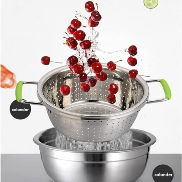 Stainless Steel Double-Handle Colander Deep Micro-Perforated 2.5 Quart Metal Food Strainer with Green Silicone Handles - Image 5