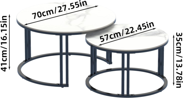 Marble Top Tables Round Coffee Table - Nesting Coffee Tables Set of 2 White Marble Sintered Stone Table with Black Metal Frame Nest of Tables,Living Room Apartment Hotel Office - Image 5