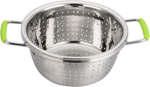 Stainless Steel Double-Handle Colander Deep Micro-Perforated 2.5 Quart Metal Food Strainer with Green Silicone Handles
