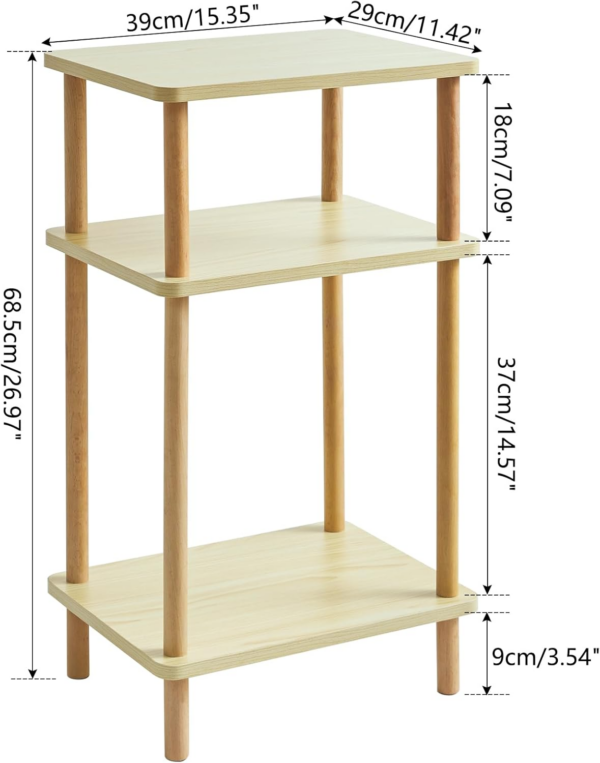 3-Tier Side Table, Solid Wood Tall End Table with Storage Shelves, Nightstand Bedside Table - Image 6