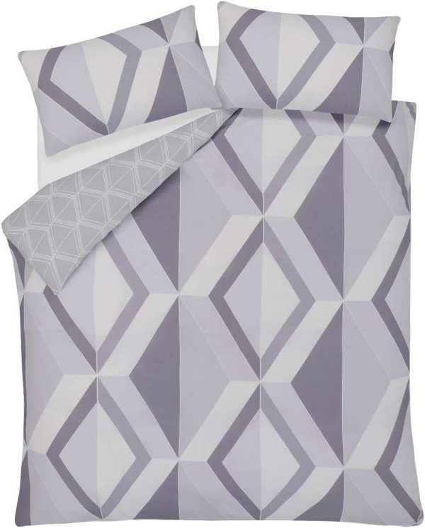 Large Diamond Geometric Grey Reversible Duvet Cover Quilt and Pillow Case Bedding Set Soft Easy Care-Single (135cm x 200cm), Polycotton - Image 3