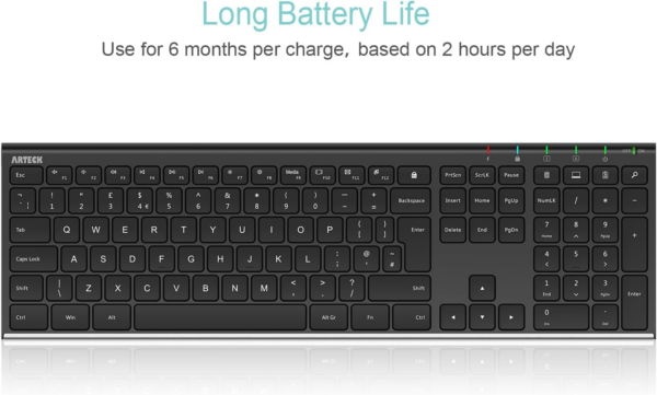 2.4G Wireless Keyboard Stainless Steel Ultra Slim Full Size Keyboard with Numeric Keypad for Computer/Desktop/PC/Laptop/Surface/Smart TV and Windows 10/8/ 7 Built in Rechargeable Battery - Image 3