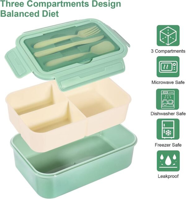 Lunch Box, 1400ml Bento Lunch Box for Adults and Kids, Lunch Container with 3 Compartments, Lunch Box with Cutlery - Image 2