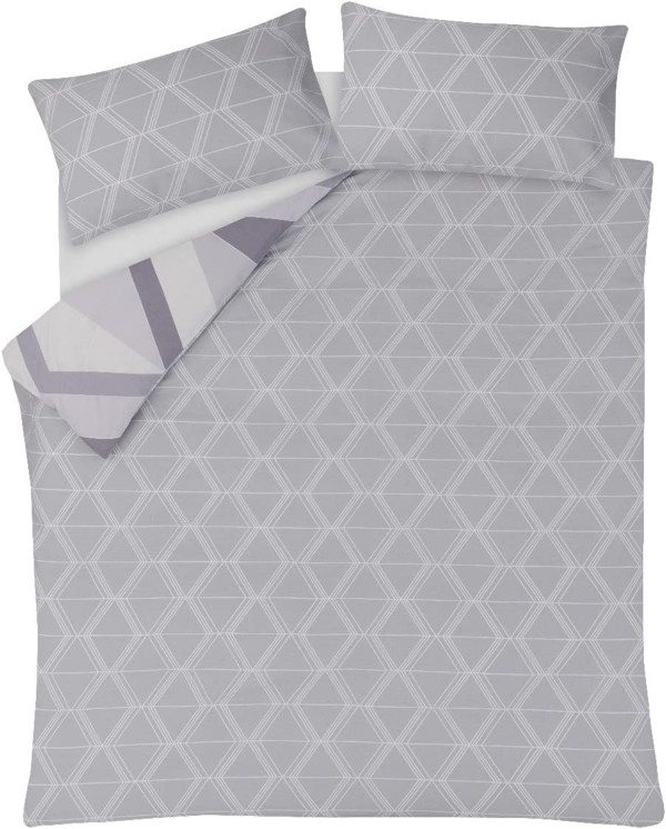 Large Diamond Geometric Grey Reversible Duvet Cover Quilt and Pillow Case Bedding Set Soft Easy Care-Single (135cm x 200cm), Polycotton - Image 2