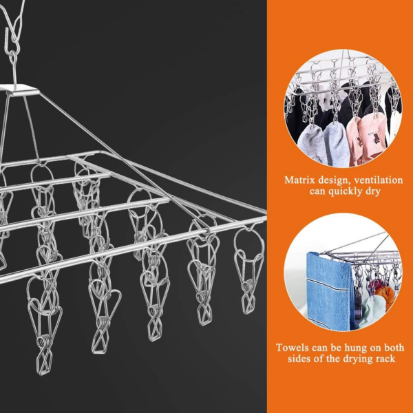 Stainless Steel Clips Socks Drying Rack With 30 Clips,Durable Windproof Foldable Rectangular Laundry Airer Hanger - Image 4