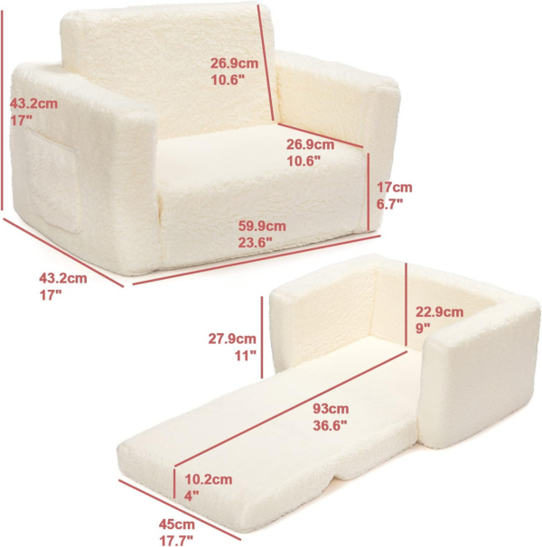 Kids Sofa Bed 2-in-1 Flip Out Cuddly Sherpa Toddler Couch Convertible Sofa to Lounger Children Sofa Bed Children's Day and Birthday Gift for Girls Boys, White - Image 5