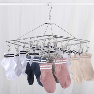 Stainless Steel Clips Socks Drying Rack With 30 Clips,Durable Windproof Foldable Rectangular Laundry Airer Hanger